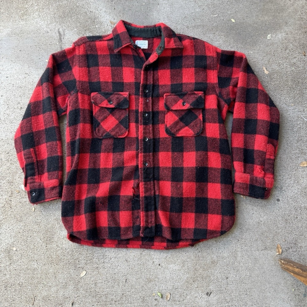 Vintage Penney's Towncraft Buffalo Check Shirt Plaid Large 60s Distressed Wool